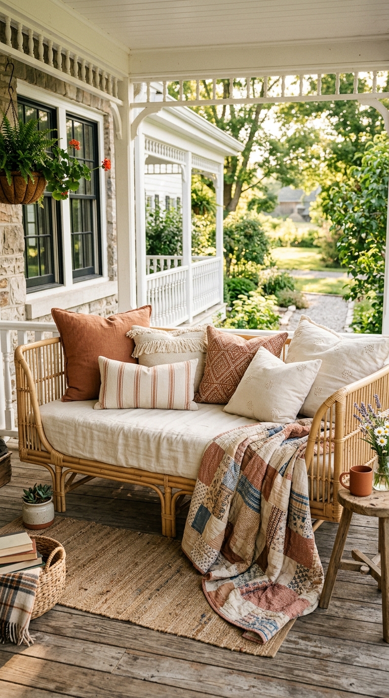 Outdoor daybed styled with cream and terracotta cushions on a wraparound farmhouse porch
