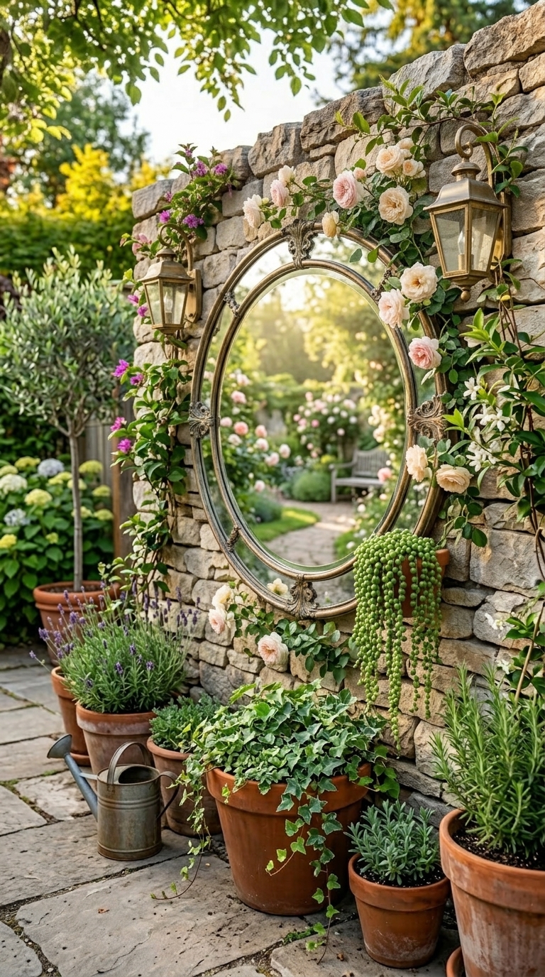 Large round mirror on a stone garden wall reflecting green planting in a courtyard garden