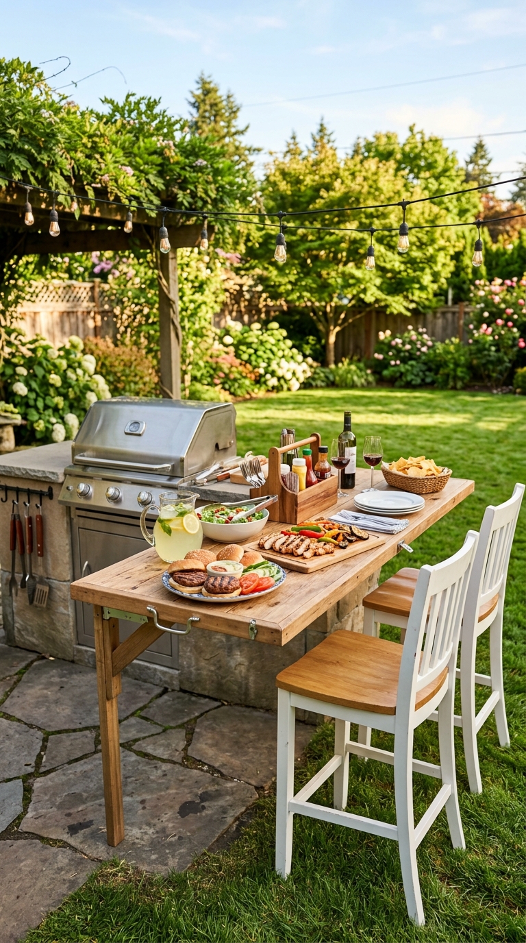 Outdoor grill station with drop-down serving counter and bar stools for backyard entertaining