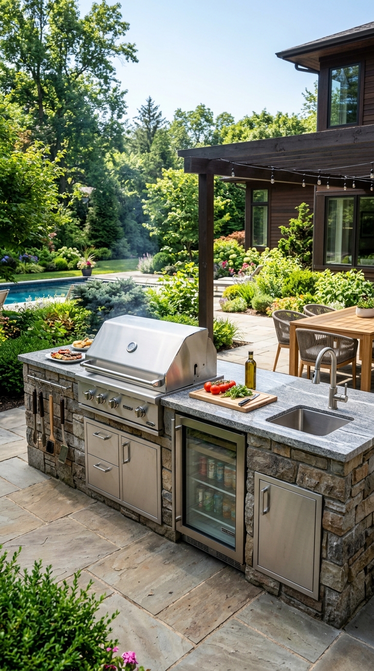 Outdoor grill station with built-in mini fridge and sink in a luxury backyard outdoor kitchen setup