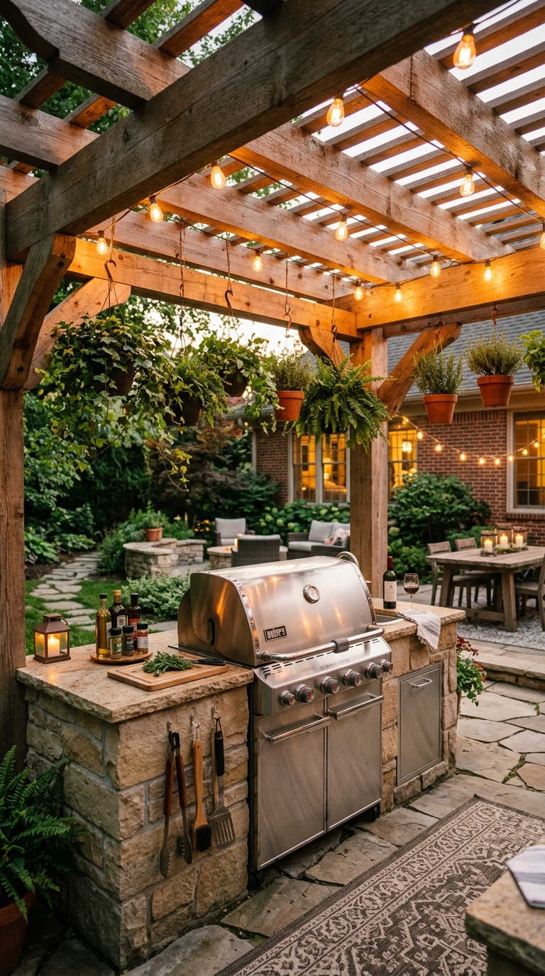 Covered outdoor grill station under a wood pergola with string lights, creating a cozy backyard entertaining space