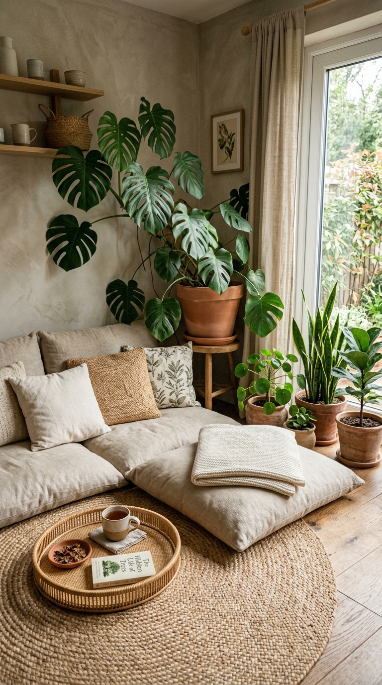Nature inspired floor seating with linen cushions jute rug rattan tray and monstera plant in earthy living room