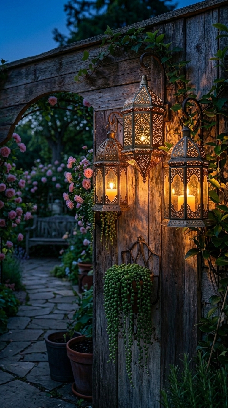 Moroccan lanterns grouped on a garden fence wall creating warm evening ambience