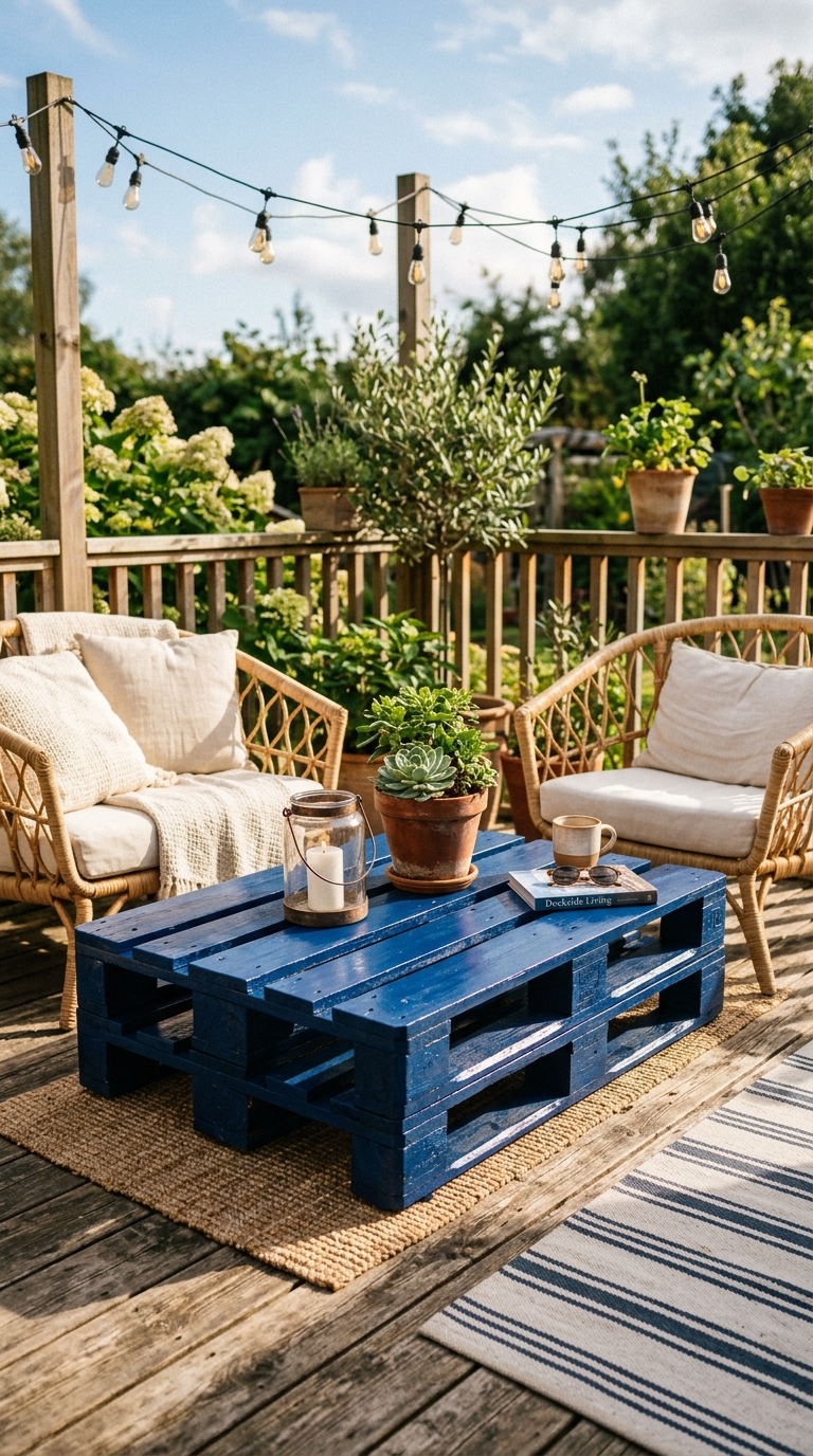 Outdoor DIY pallet coffee table in cobalt blue on a sunny deck patio, styled with rattan chairs, a lantern, and a terracotta plant pot