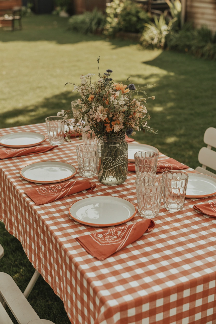 Outdoor 4th of July picnic table with buffalo check tablecloth, enamelware plates, and mason jar wildflower centerpiece