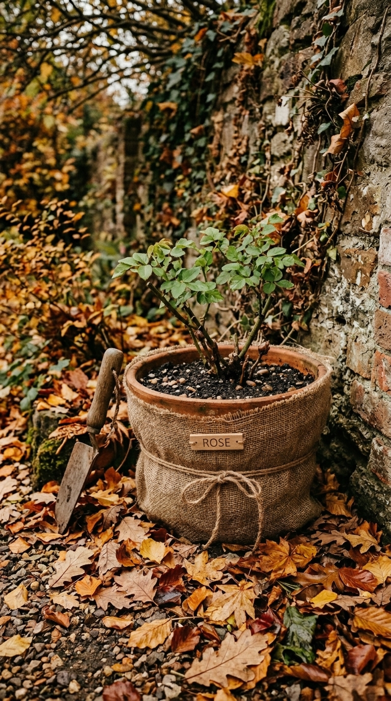 Terracotta peony pot wrapped in hessian burlap against a sheltered wall showing correct overwintering technique for container peonies