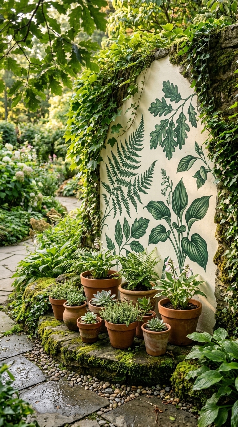 Deep green botanical leaf mural painted on a whitewashed garden wall with terracotta pots below