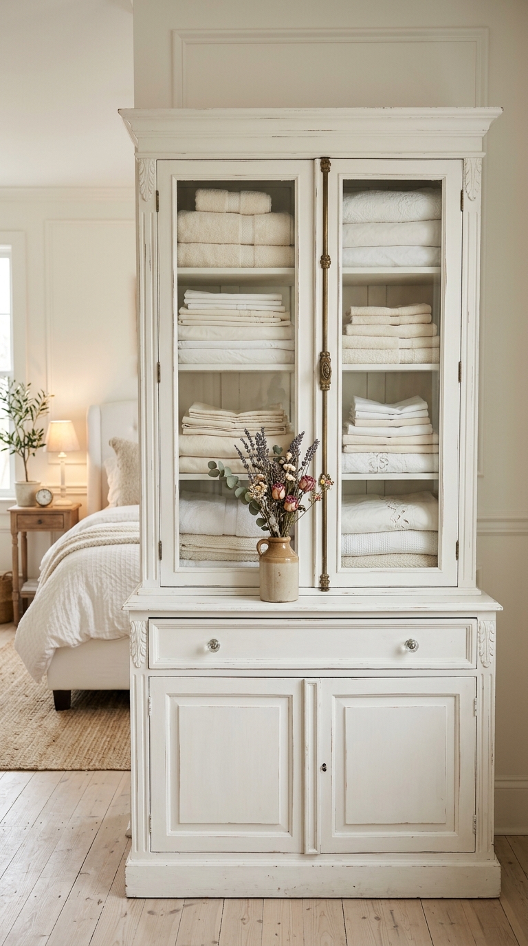 White painted china hutch with glass doors used as a linen storage cabinet in a romantic shabby chic bedroom with neatly folded linens visible