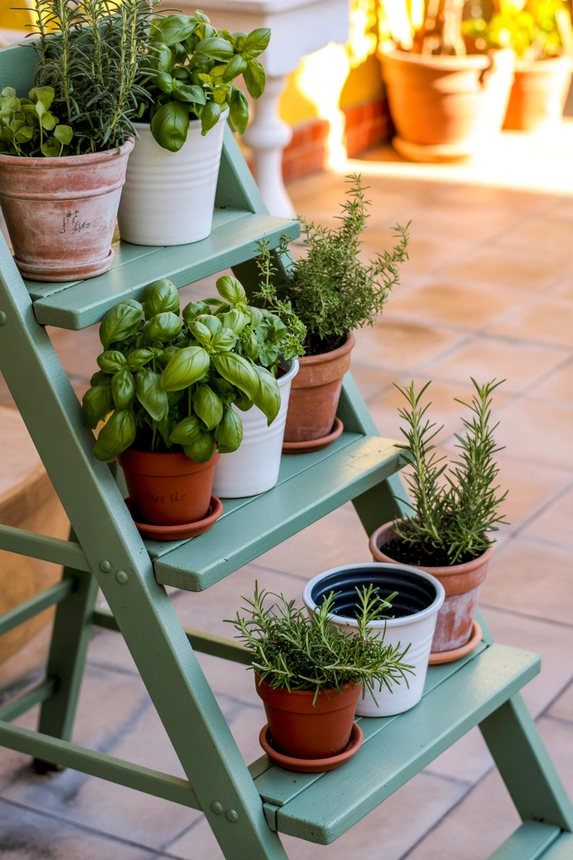 Sage green painted step ladder herb garden with ceramic pots and fresh basil on a sunny patio