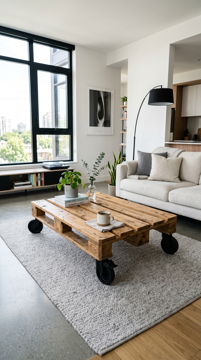 DIY pallet coffee table on black caster wheels with industrial style, set on a light grey rug in a modern minimalist living room