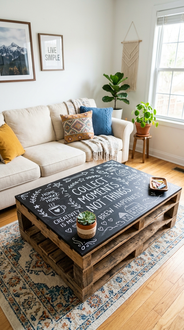DIY pallet coffee table with chalkboard painted top surface, styled with chalk doodles and small succulent in a bright living room