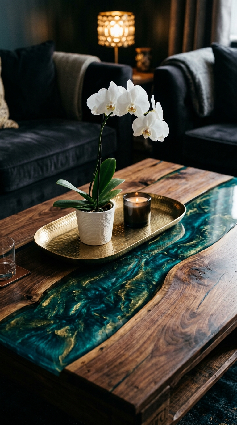 DIY pallet coffee table with teal epoxy resin river inlay, styled with gold tray and white orchid in a luxury living room