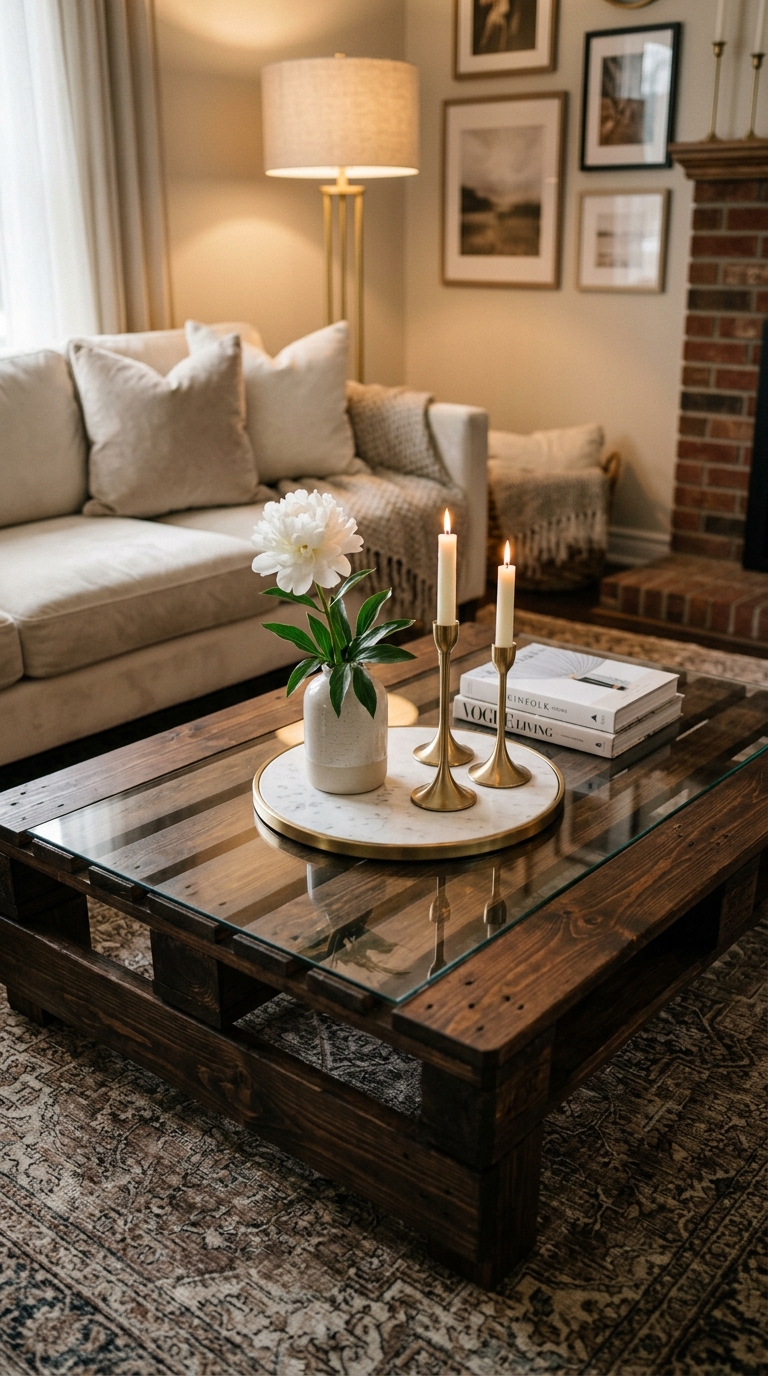 DIY pallet coffee table with dark walnut stain and glass insert top, styled with marble tray and gold candle decor