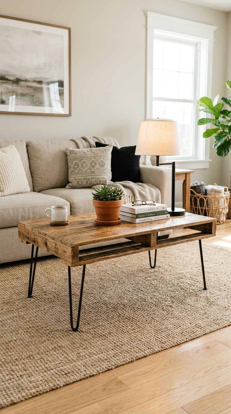 Modern farmhouse pallet coffee table on black hairpin legs, styled with neutral linen sofa and terracotta decor