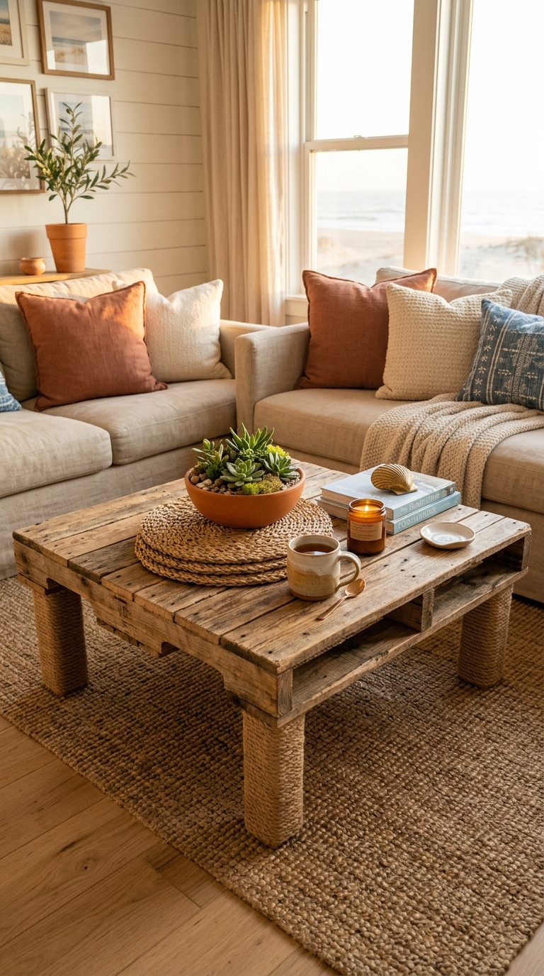 DIY pallet coffee table with jute rope wrapped legs, styled with coastal terracotta decor and succulent bowl