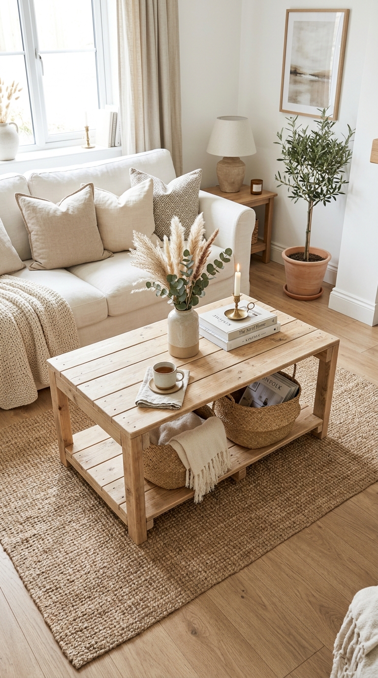 DIY pallet coffee table with woven basket storage underneath, styled in a neutral, organized living room with cream sofa