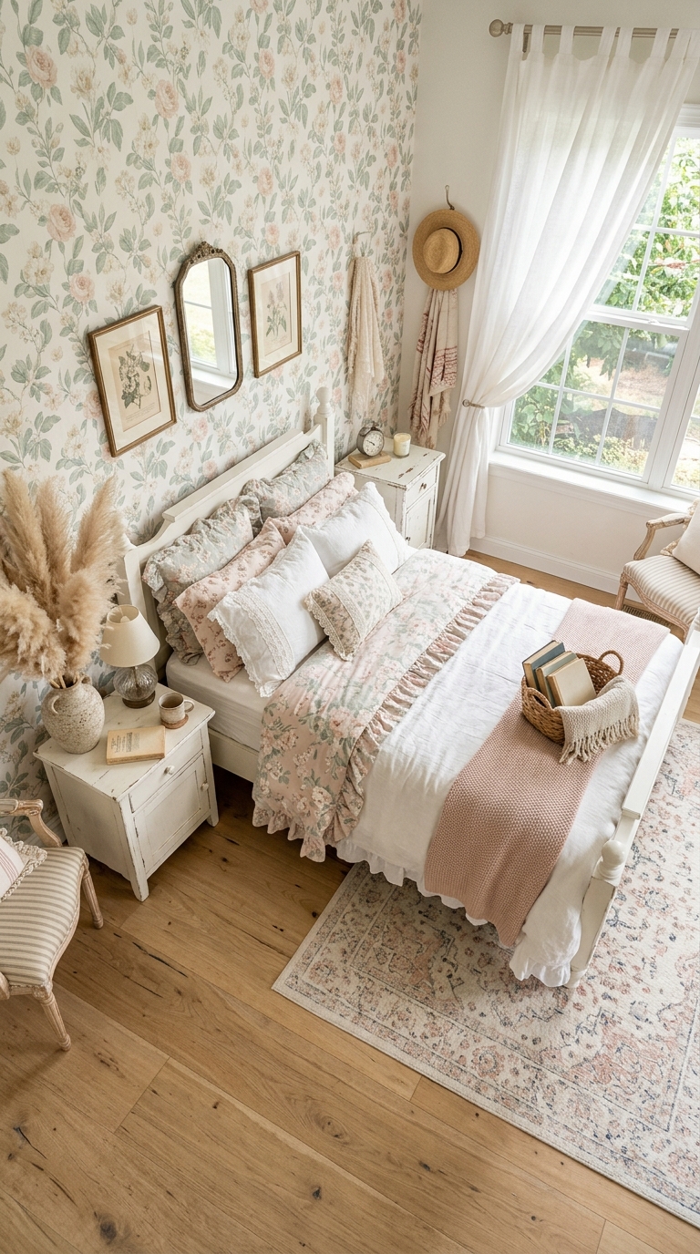 Soft pastel botanical wallpaper in a light feminine shabby chic bedroom with white furniture and dried florals