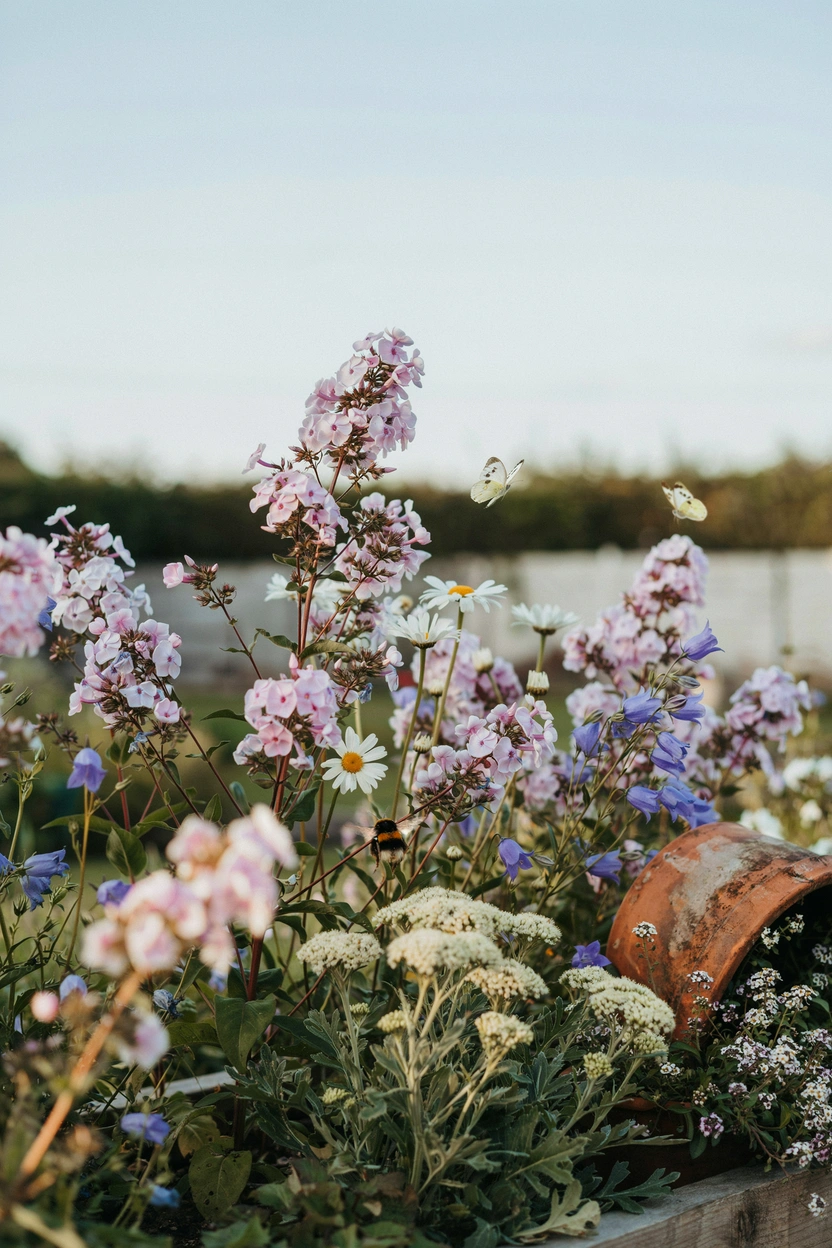 Soft pastel perennial cottage garden border with pink phlox, white daisies, and lavender campanula