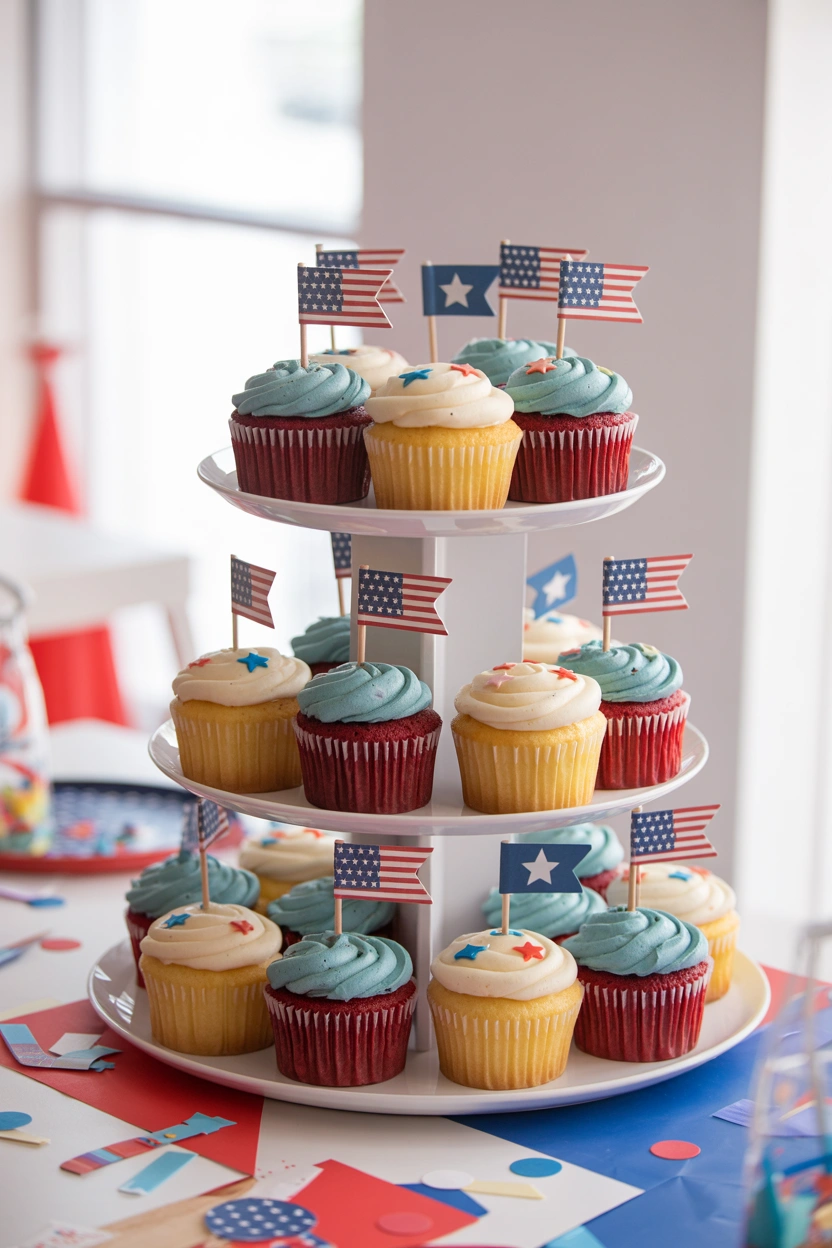 Patriotic cupcake tower centerpiece with red, white, and blue cupcakes and flag picks for 4th of July kids' table