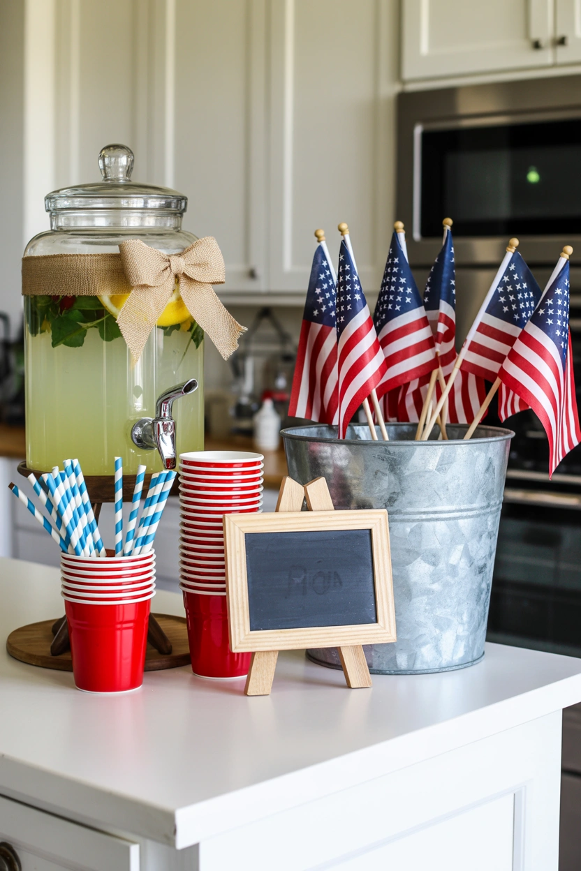 Patriotic 4th of July drink station on kitchen island with lemonade dispenser, red cups, and blue straws