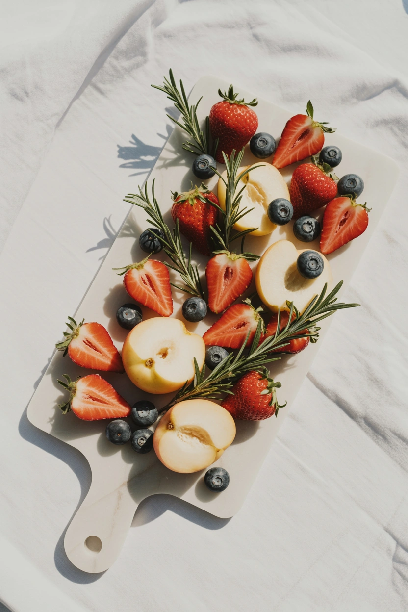 Patriotic edible centerpiece with strawberries, blueberries, and white peaches on a marble board for Fourth of July party table