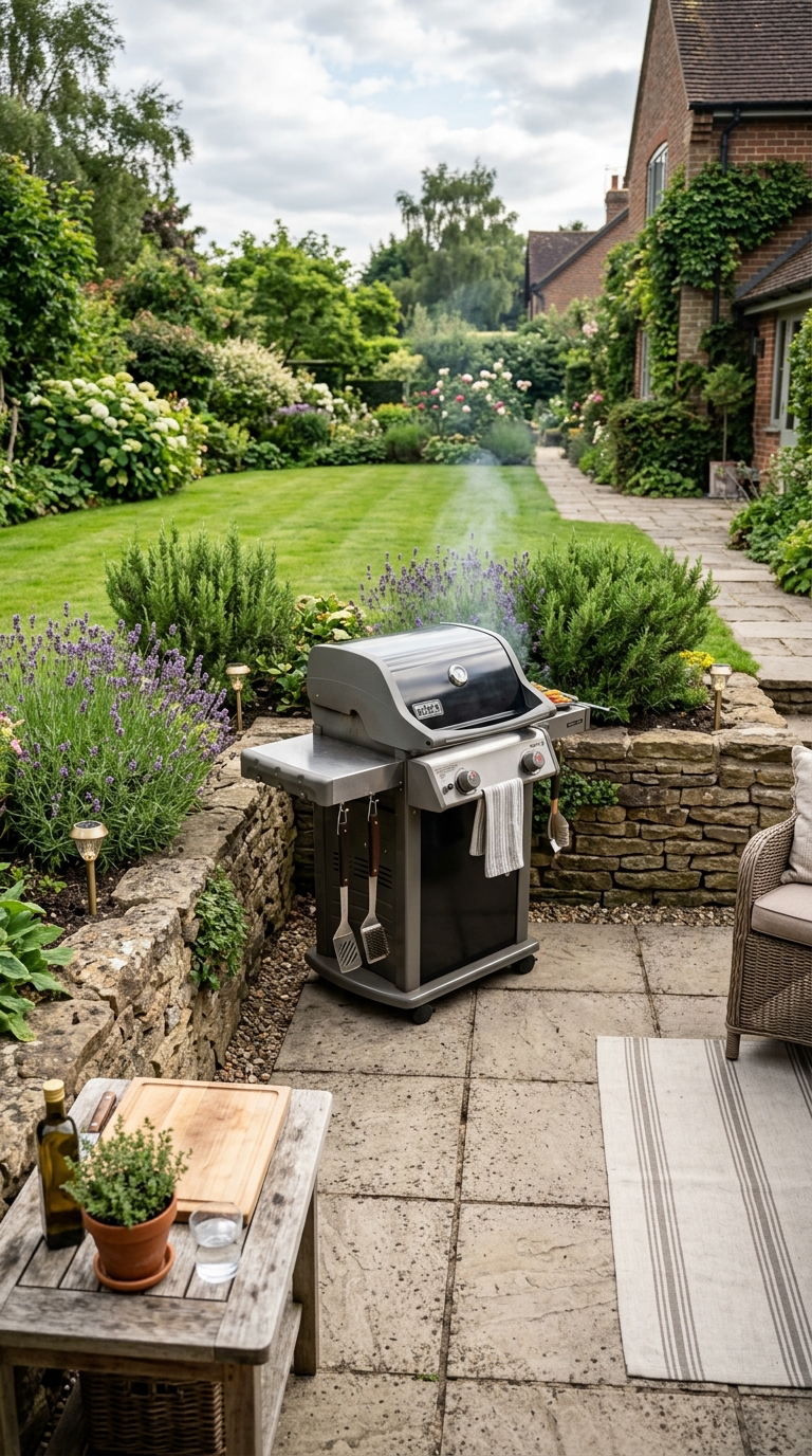 Outdoor grill nook with paver patio flooring and raised stone planter borders filled with herbs and greenery
