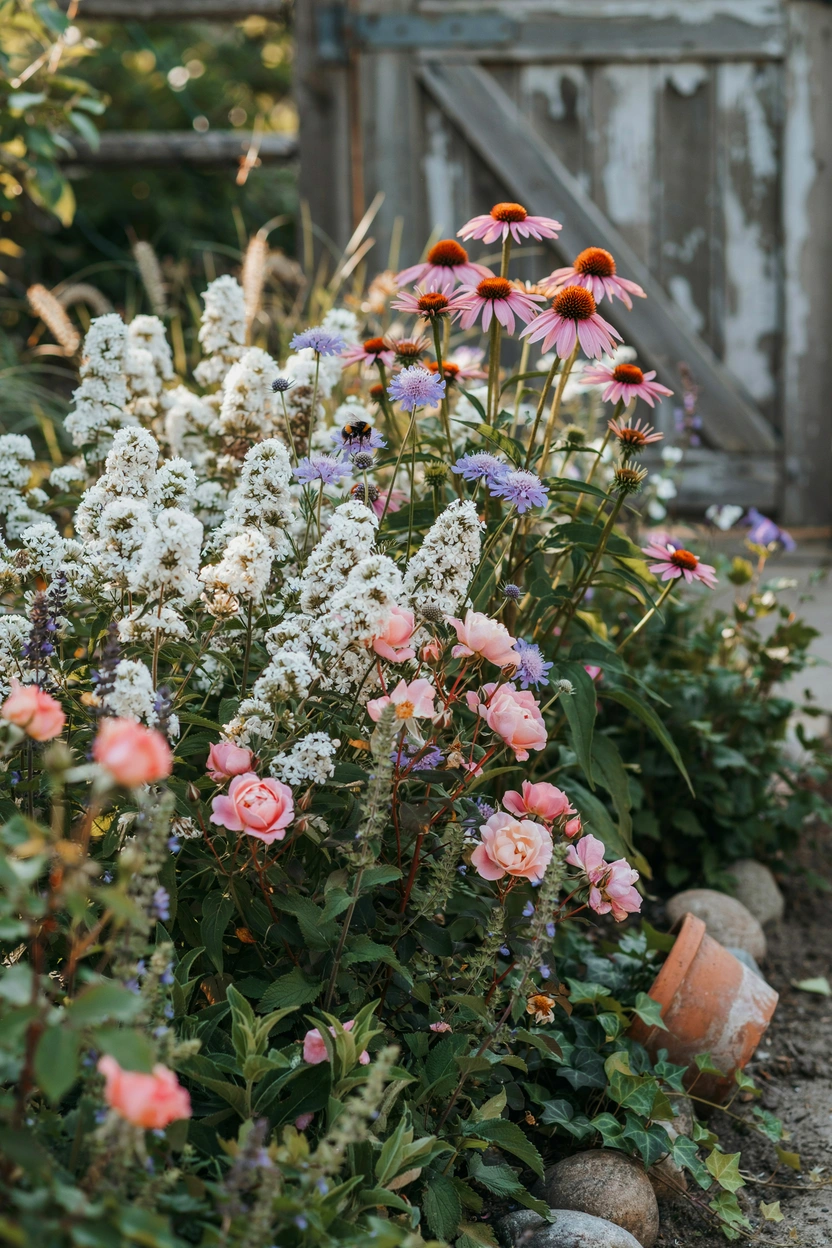 Peak summer herbaceous cottage garden border with echinacea, phlox, scabiosa, and roses in full July bloom