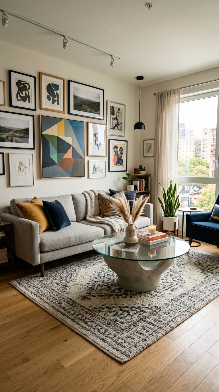 Pedestal base sculptural coffee table in compact modern apartment living room