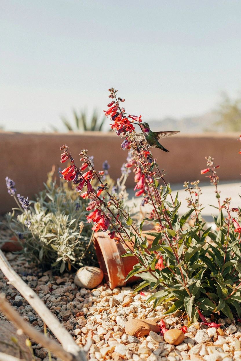 Red and purple native penstemon flowers attracting hummingbirds in a drought-tolerant sunny garden