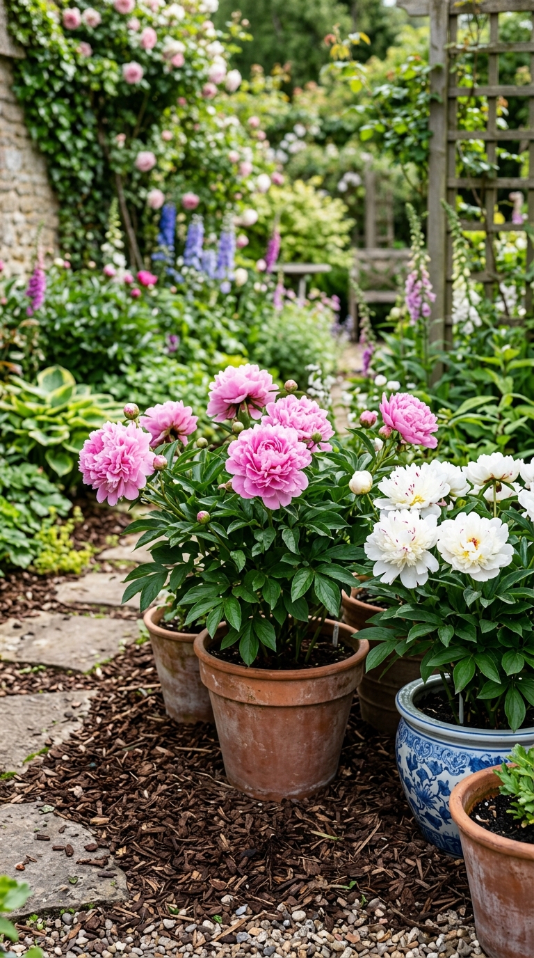 Beautiful peony flowers blooming in decorative pots during spring