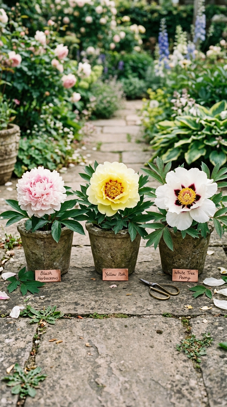 Three peony varieties growing in stone containers showing herbaceous, Itoh, and tree peony options for pot gardening.