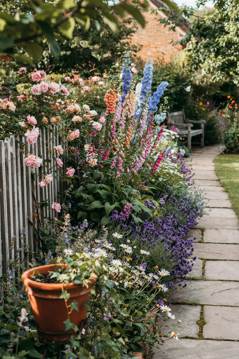 Dreamy perennial cottage garden border ideas with colorful flowers