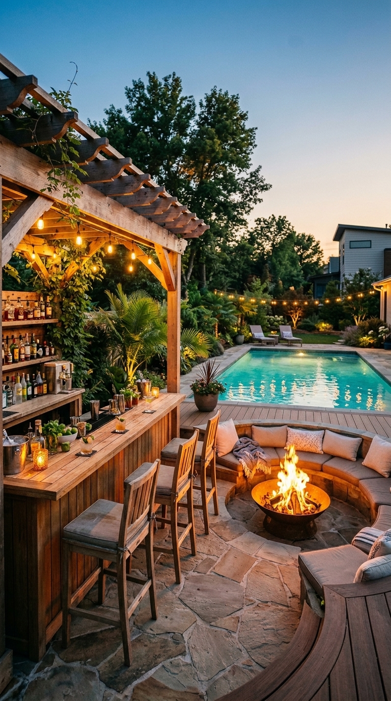 Sunken fire pit idea with pergola bar area near pool