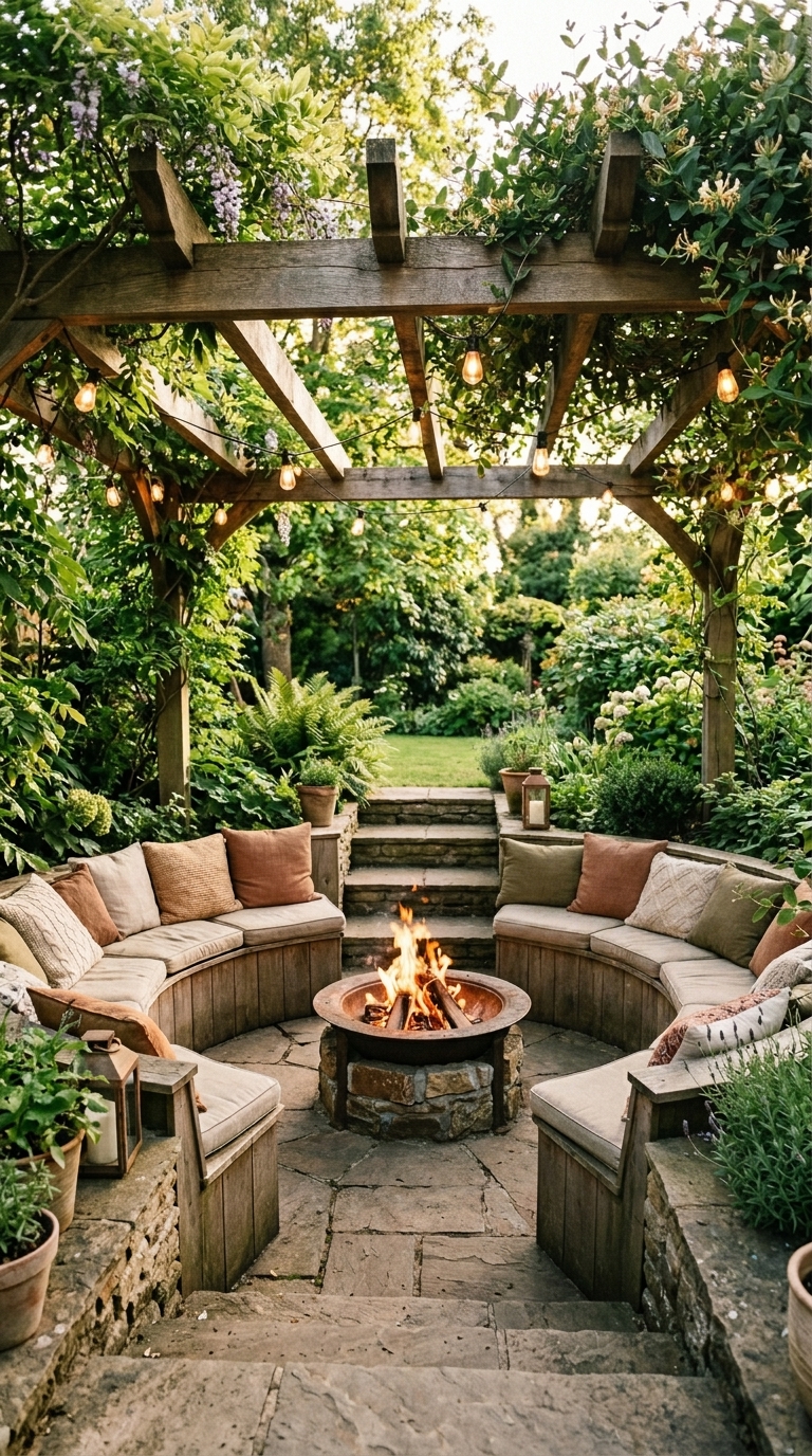 Sunken fire pit idea with pergola-covered seating area