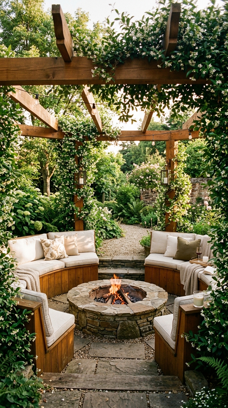 Sunken fire pit idea with pergola pillars wrapped in greenery