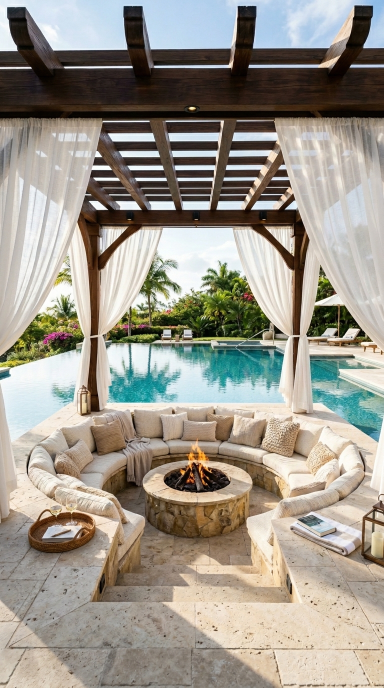 Pergola-covered sunken fire pit lounge near pool deck