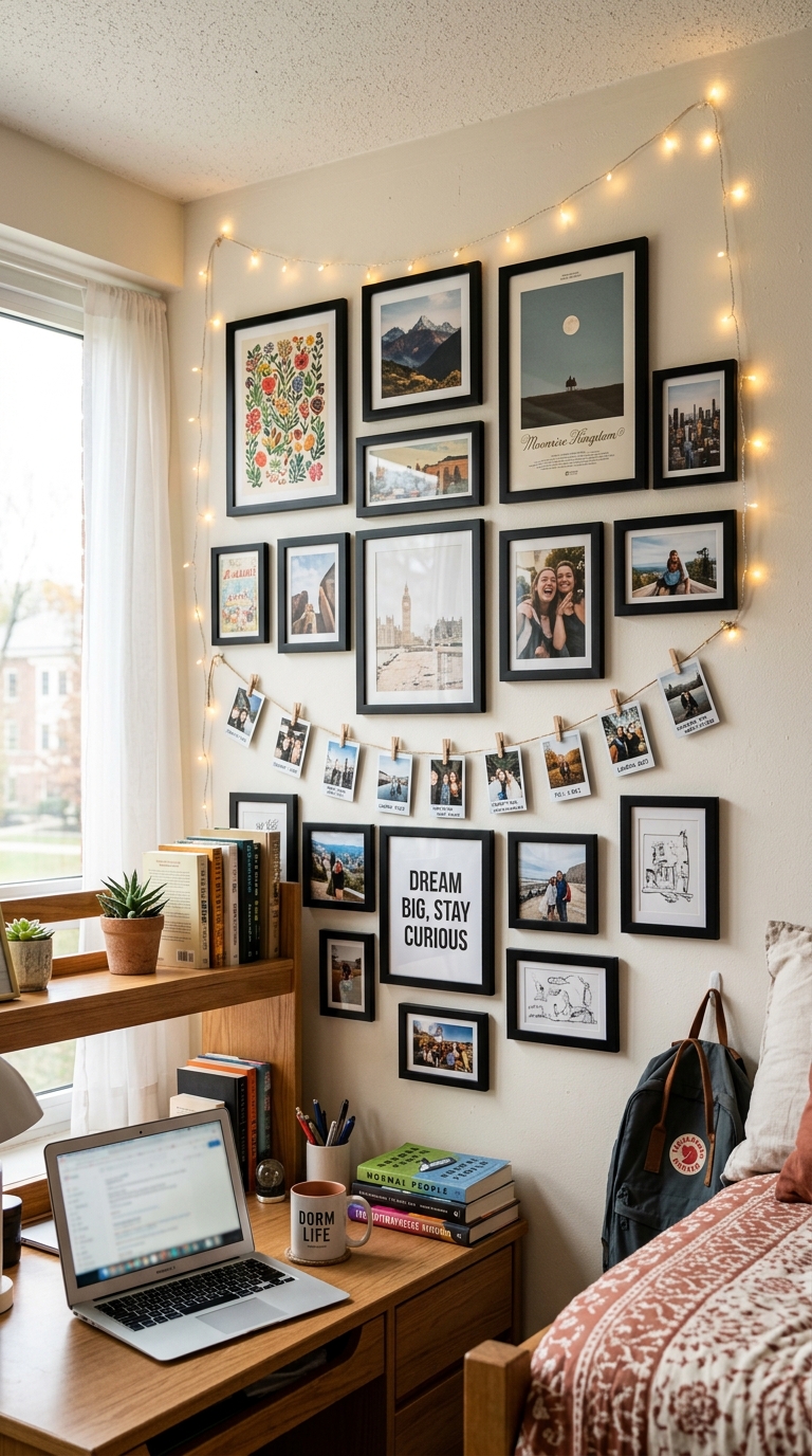 Personalized gallery wall in a shared dorm room for two with framed prints, polaroids, and fairy lights