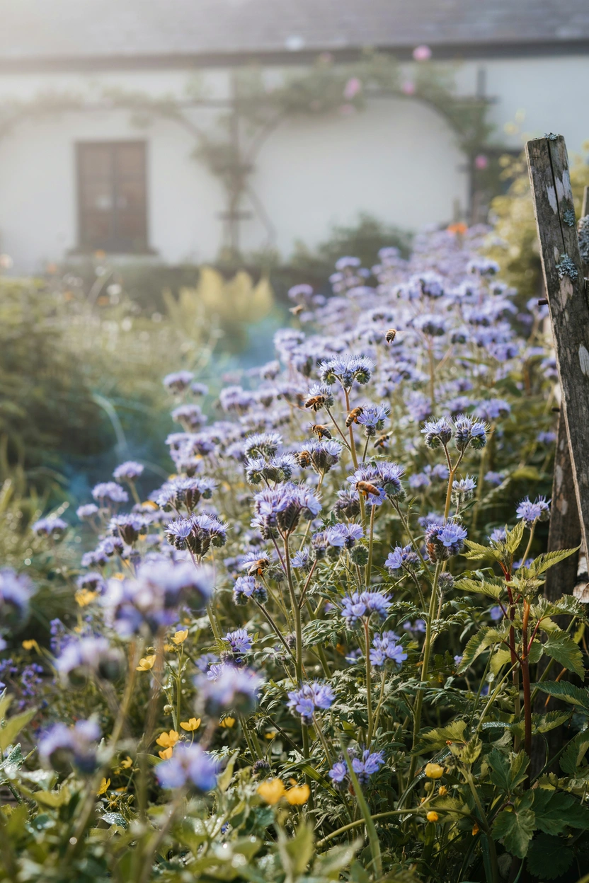 Vibrant purple phacelia wildflowers buzzing with bees in a spring pollinator garden