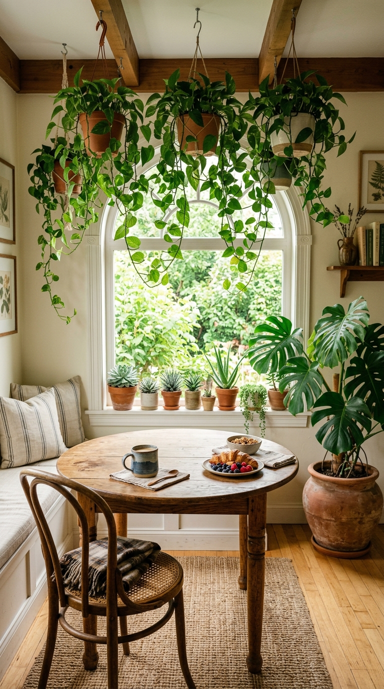 Plant-lover's breakfast nook with hanging pothos, terracotta pots and monstera plant in a bright sunlit kitchen corner