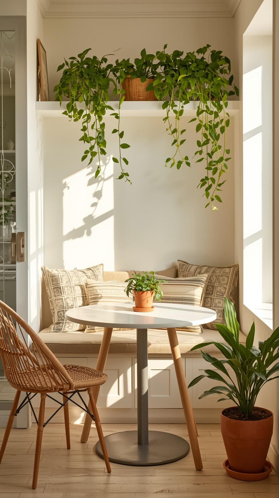 Small plant-filled breakfast nook with trailing pothos, herb pot, and terracotta plant corners