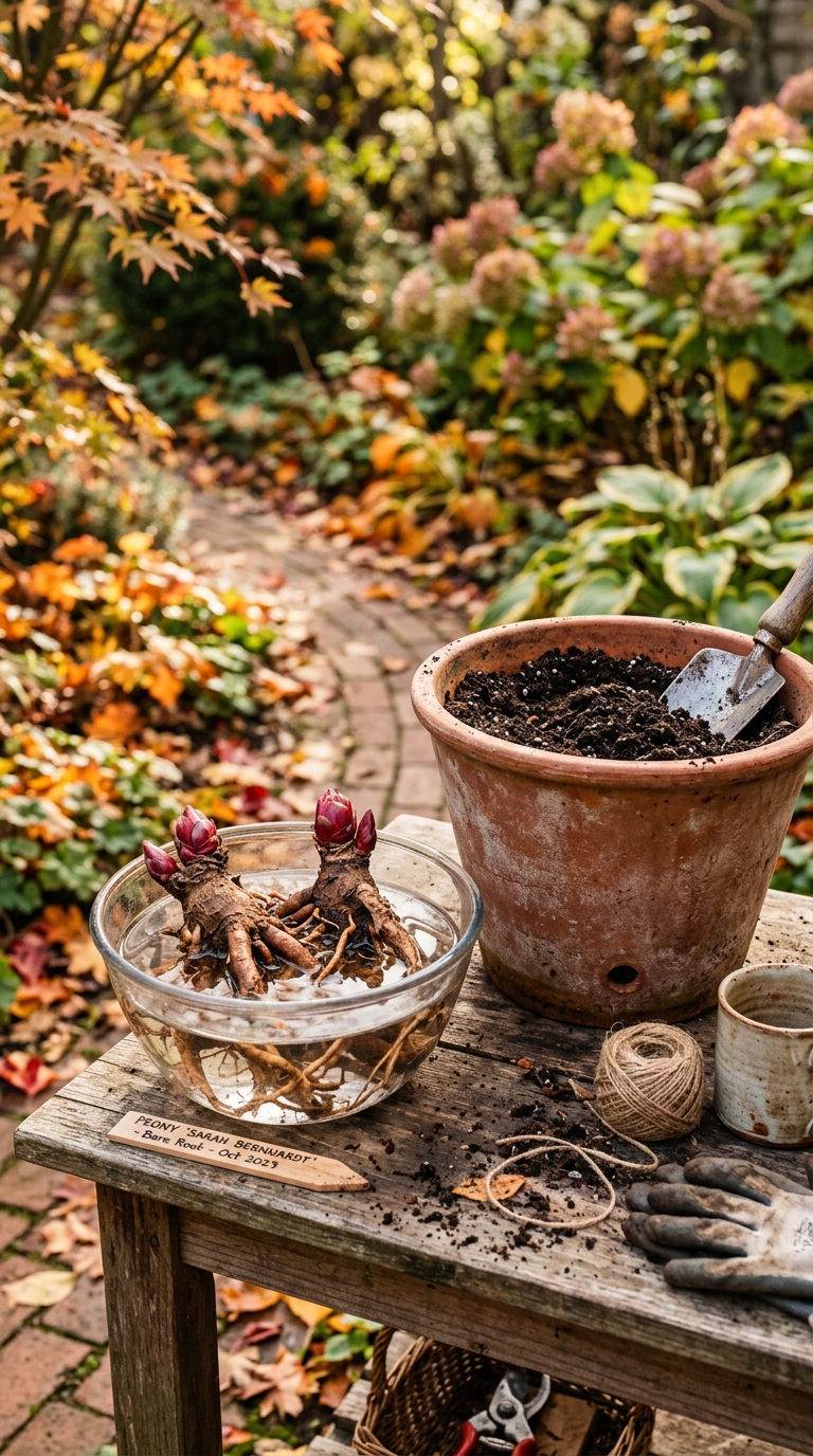 Peony bare roots with red eyes soaking in a water bowl before planting in a large container showing correct bare root preparation