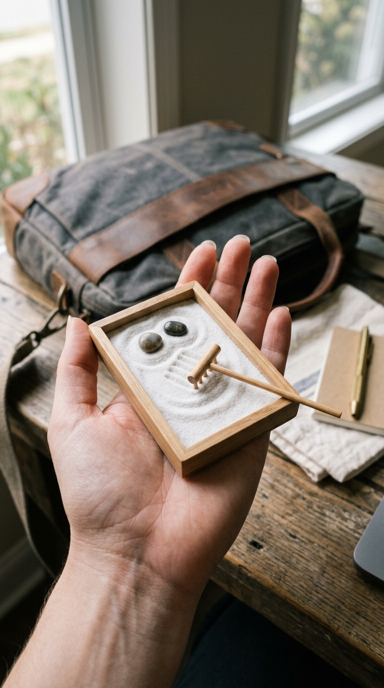 Portable pocket mini zen garden for travel and on-the-go calm