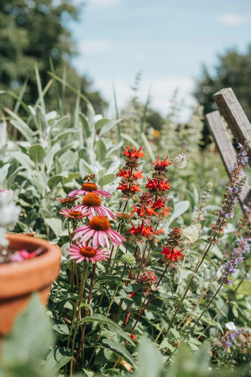 Pollinator-friendly perennial cottage garden border with echinacea, monarda, and agastache