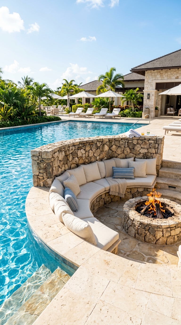 Sunken fire pit idea with stone seating wall near a pool