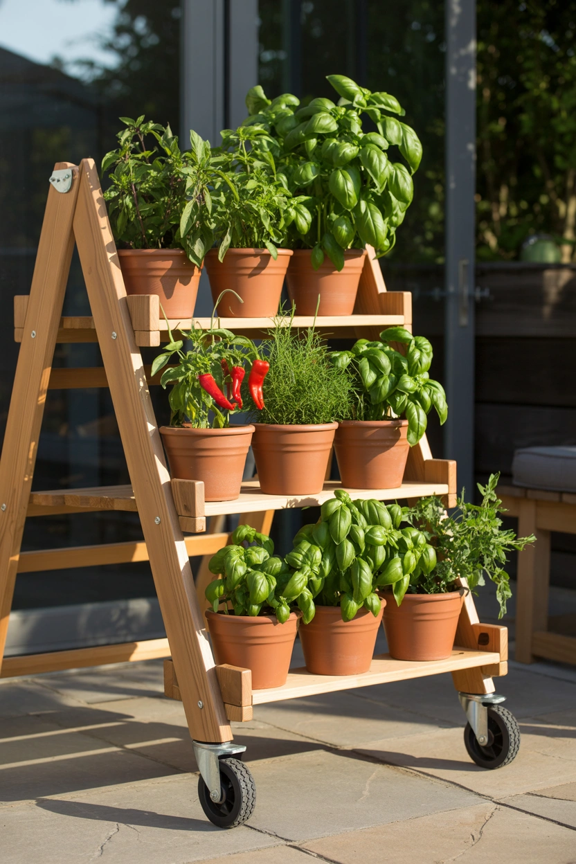 Portable rolling ladder herb garden on caster wheels with basil and herbs in terracotta pots