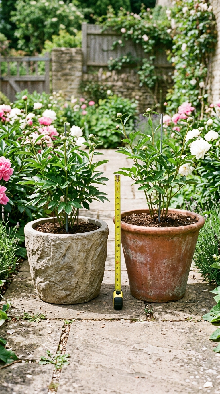 Large deep stone-look pot and terracotta pot showing correct size and depth for growing peonies in containers successfully.