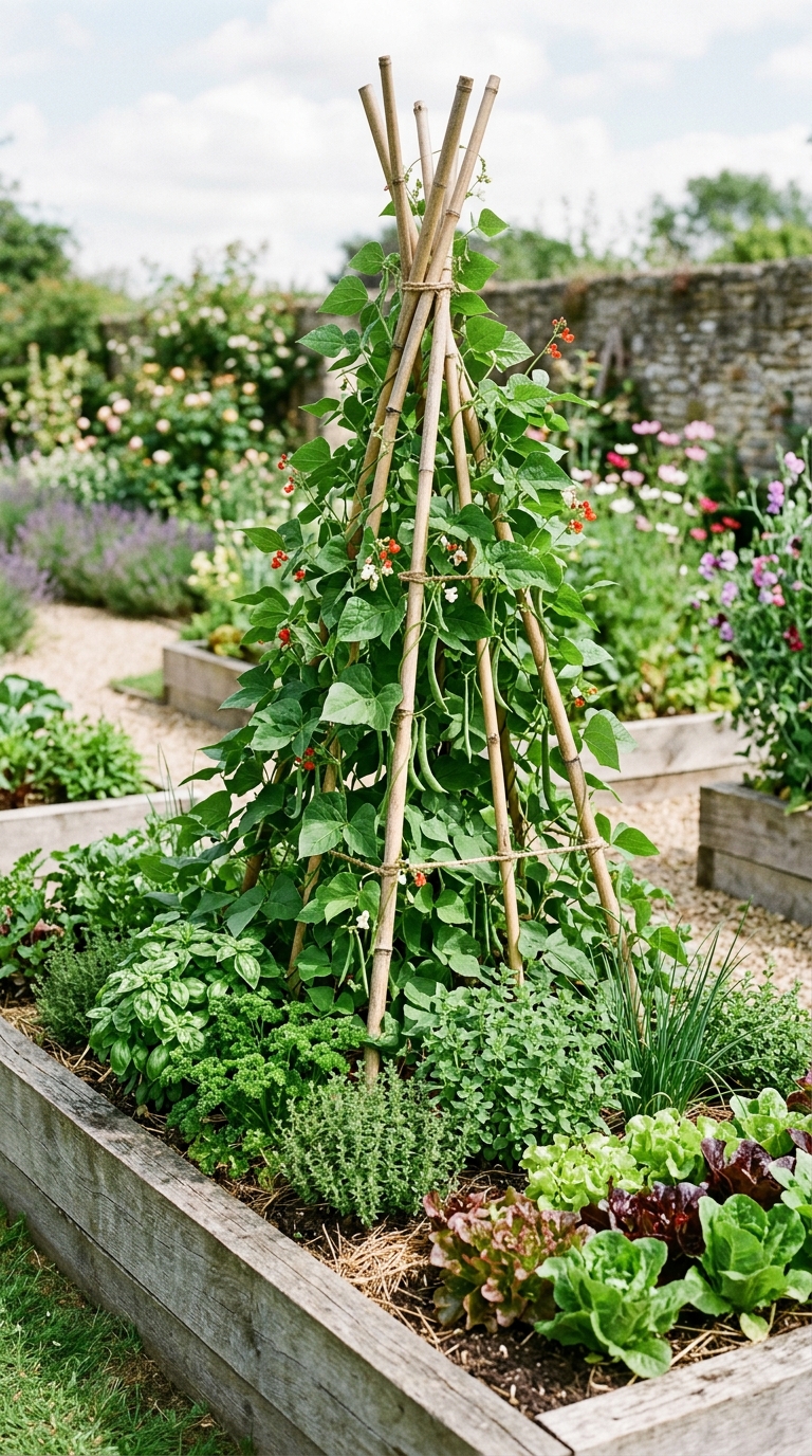 Potager garden with bamboo teepee trellis covered in climbing beans surrounded by herbs and lettuce