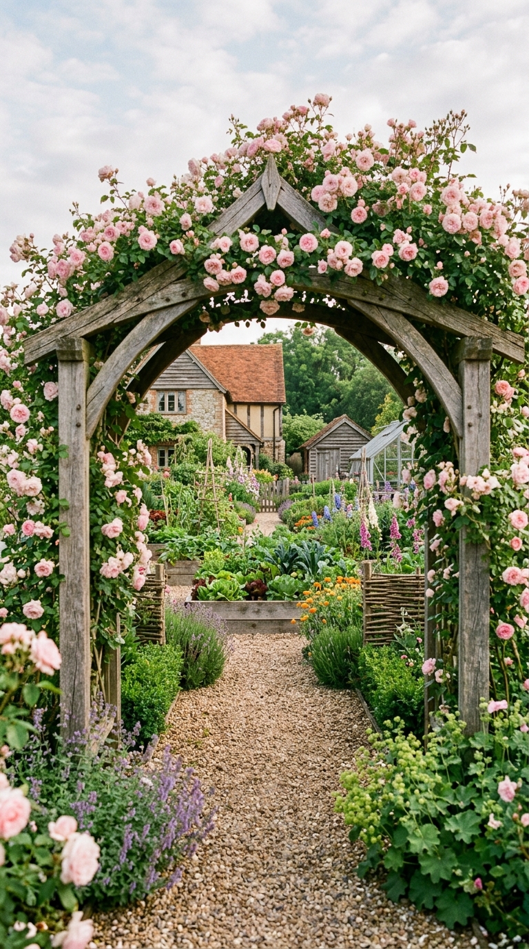 Potager garden entrance with wooden archway covered in pink climbing roses and gravel path leading to raised bed
