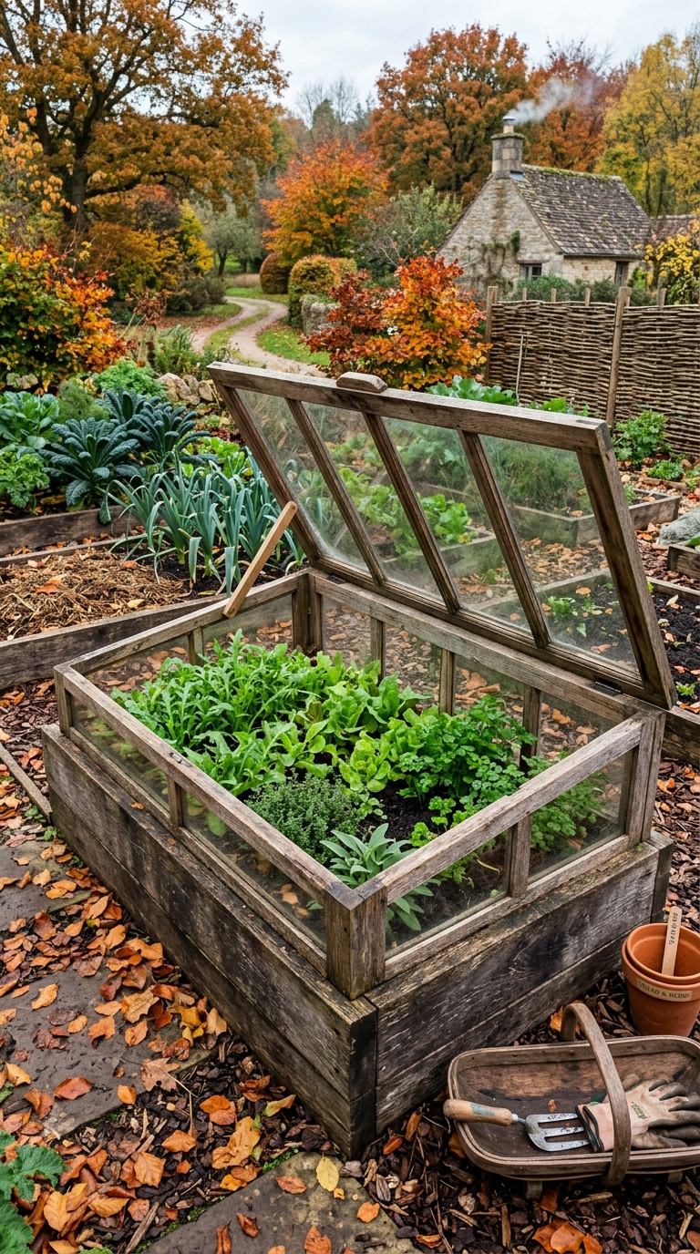 Cold frame over a raised potager garden bed extending the growing season for salad leaves and herbs in an urban autumn garden