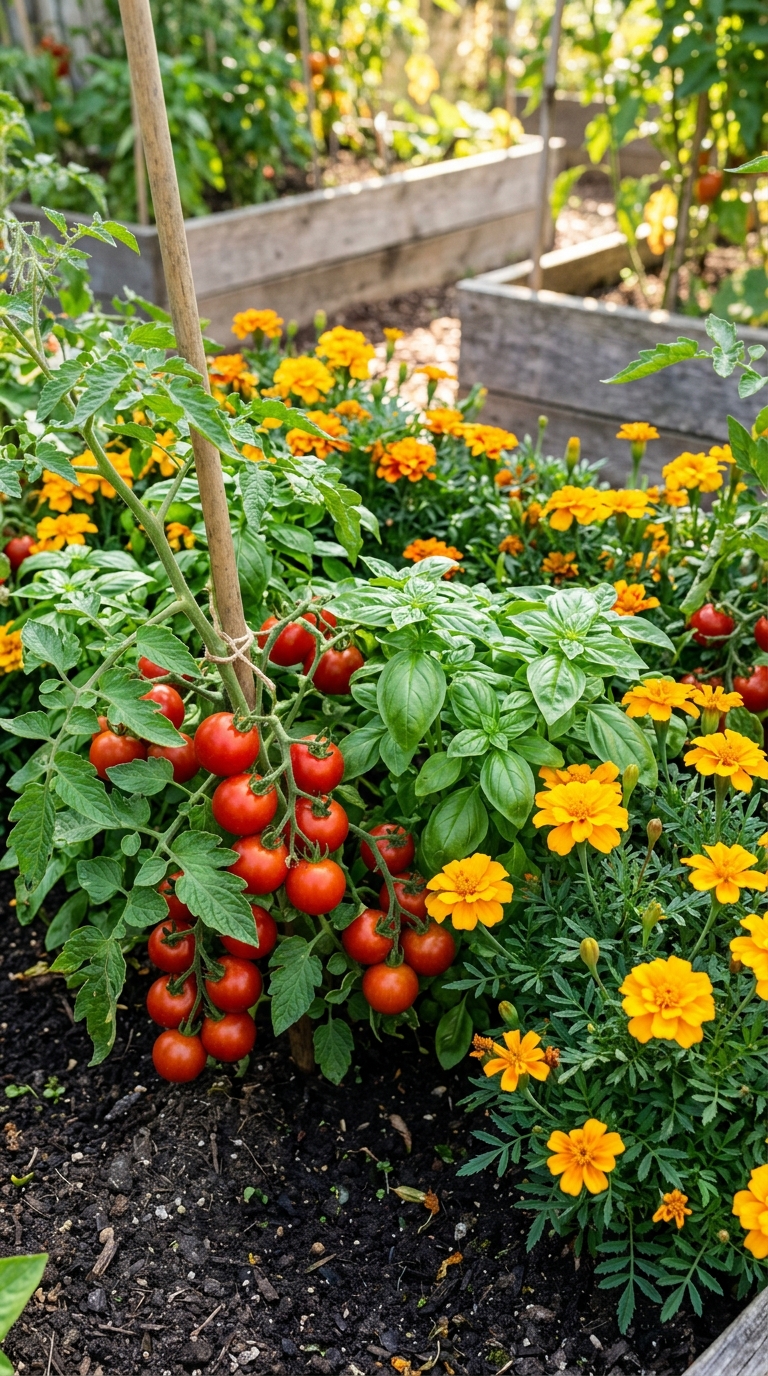 Companion planting potager bed with tomatoes, basil, and marigolds growing together in a beautiful kitchen garden